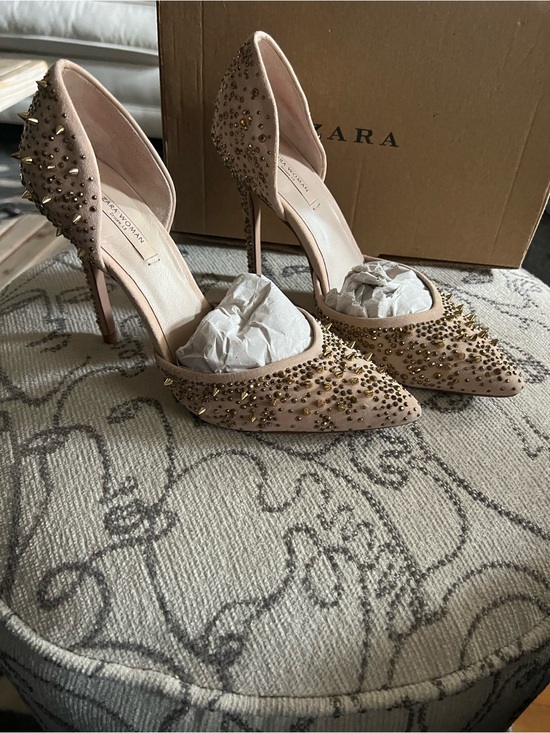 Zara Shoes - Zara Nude Blush Studded Pointed-Toe D'Orsay Heels